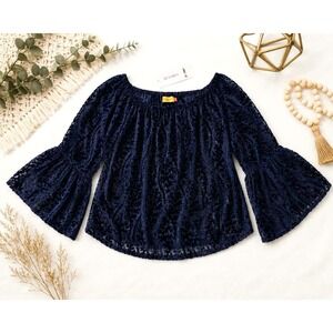 Benares NWT Navy Burnout Velvet Blouse L Bell Sleeve Boho Peasant Top